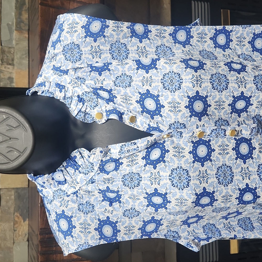 NWT LOFT Tiled Ruffle Mixed Media Shell - Picture 3 of 10